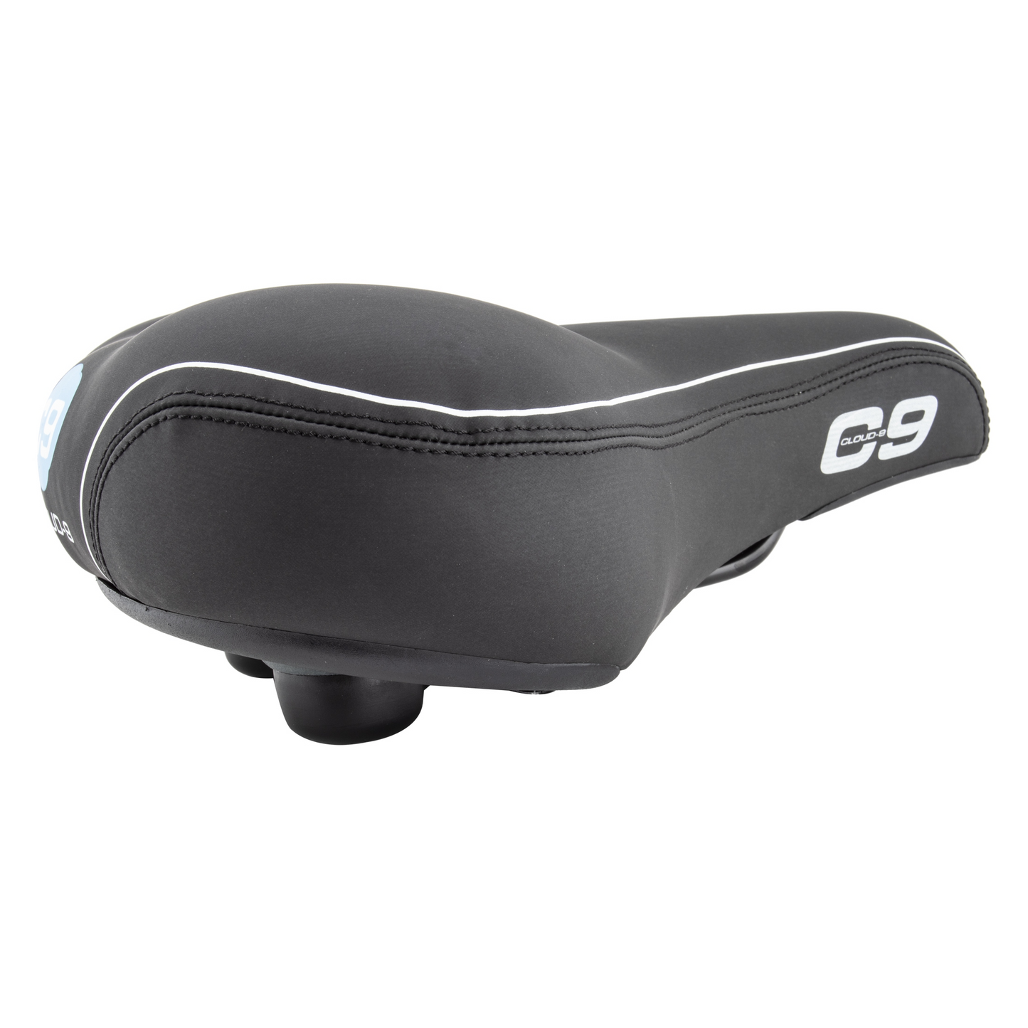 A black and white CLOUD-9 Cruiser Select bike seat with a white stripe, featuring an anatomic relief design and a soft touch vinyl cover.