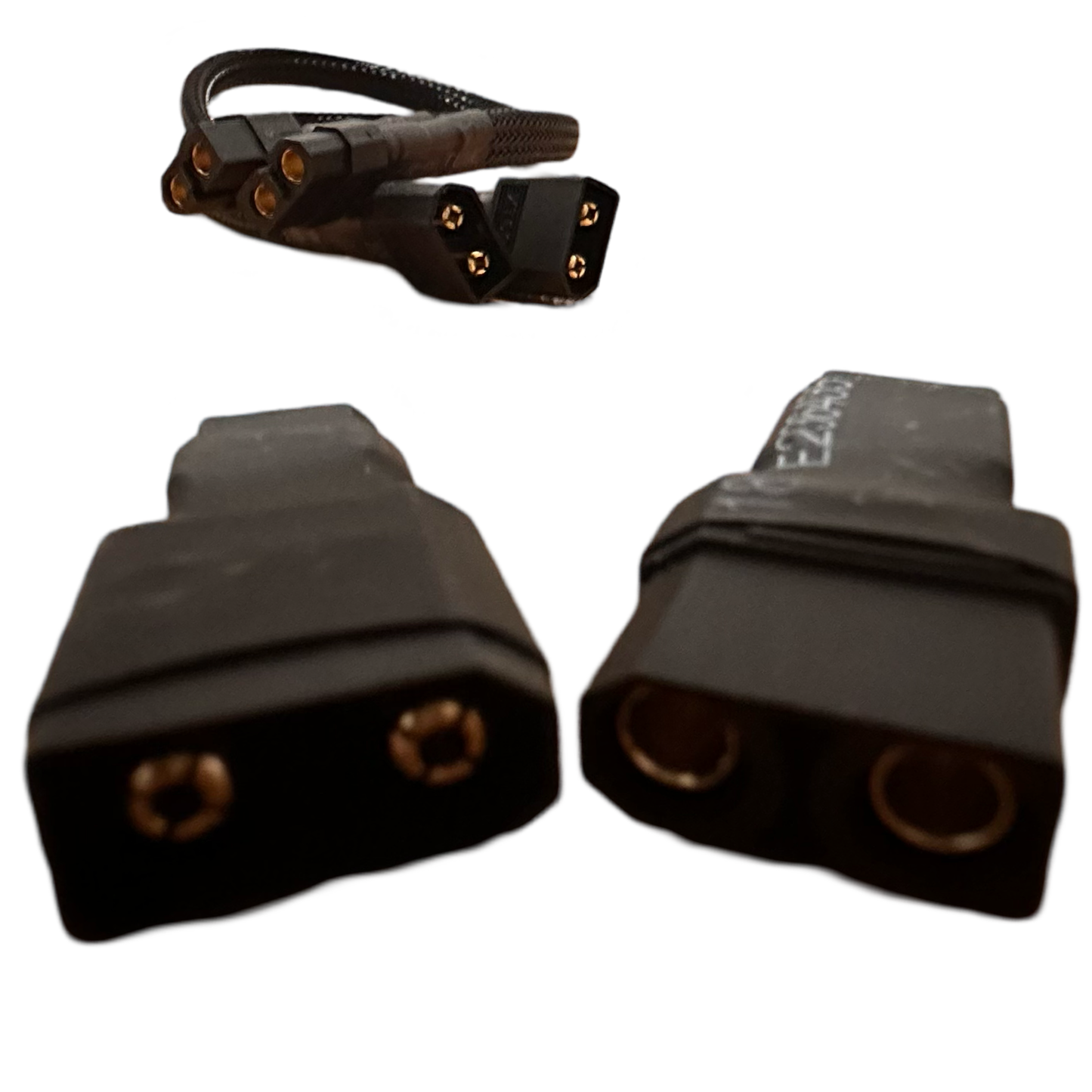 Close-up of ElectricAllWheel Premium (12AWG) XT60 Extension Cables with XT60-XT90 adapters, shown alongside three black two-prong power cords at various angles on a white background.