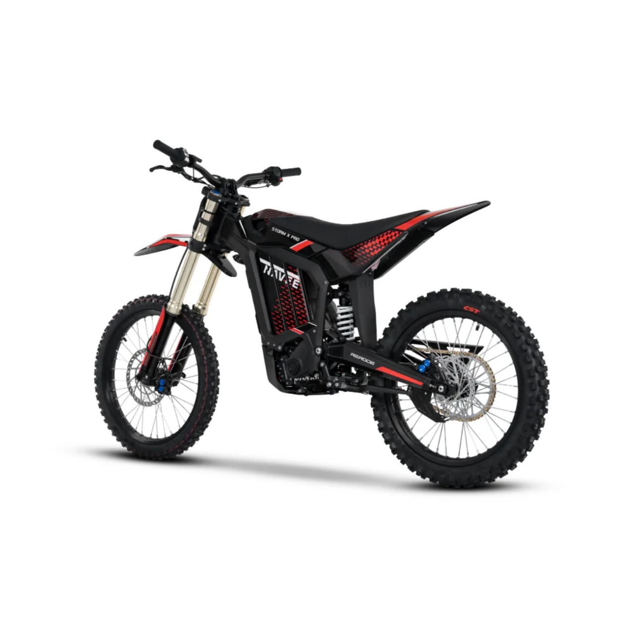 The Navee Storm X Pro by Navee is a black and red electric dirt bike with knobby tires, front and rear suspension, minimalist frame, and a 17KW mid-drive motor, designed for off-road performance—shown from the side on a white background.
