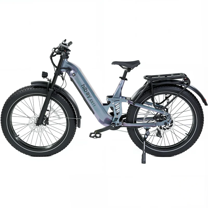 The Hiboy EX11 by Hiboy, featuring a gray step-through frame, 750W motor, thick tires, front suspension, and rear cargo rack, is displayed against a white background.