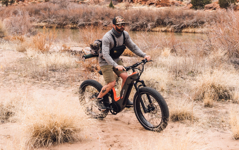 A man riding a HeyBike - Hero (Mid-Drive) electric mountain bike on a sandy trail with sparse vegetation and rocky terrain in the background.