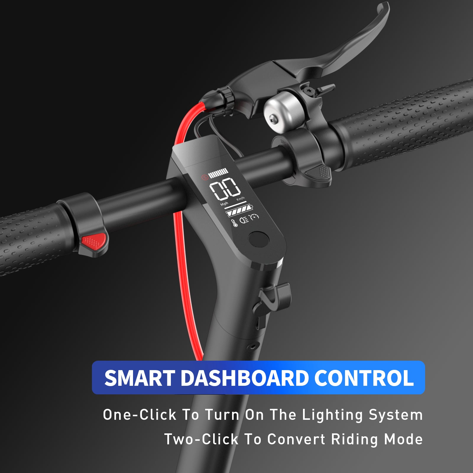 Close-up of a Hiboy - S2 Pro Electric Scooter’s dashboard featuring a digital display, throttle, and brake handle. A blue label reads “SMART DASHBOARD CONTROL” with instructions on lighting and riding mode below. Perfect for daily commuting with its high-performance motor.