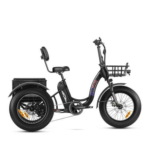 The Addmotor - Triketan M330 II black electric tricycle features large tires, a rear storage box, a front basket, and a cushioned seat with a backrest. Powered by an Addmotor 48V Motor and equipped with 7 Level Pedal Assist, this trike ensures a smooth and efficient ride.