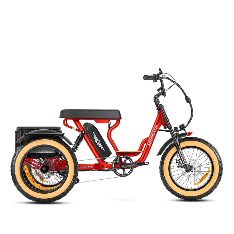 The Addmotor Soletri II M-366X, a red electric bike with a thick frame, wide tan tires, 750W motor, rear cargo rack, and black seat from Addmotor, is shown in profile against a white background.