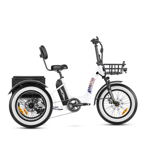 White three-wheeled electric bicycle, the Addmotor - Triketan M330 II, with a backrest seat, front basket, rear storage box, and large tires. It features a 7 Level Pedal Assist system powered by an Addmotor 48V Motor, viewed from the side.