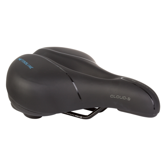 This image shows a black CLOUD-9 Support Metroline Airflow bicycle seat with a cushioned, ergonomic design and extended comfort for those long rides. The uni-sex cruiser saddle features elastomer suspension to ensure a smooth and enjoyable experience for all cyclists.