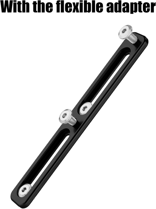 A black metal, adjustable bracket with two slots and three screws is shown. The text above reads, "With the flexible Bottle Cage Adapter by Tampa Bay eBikes.