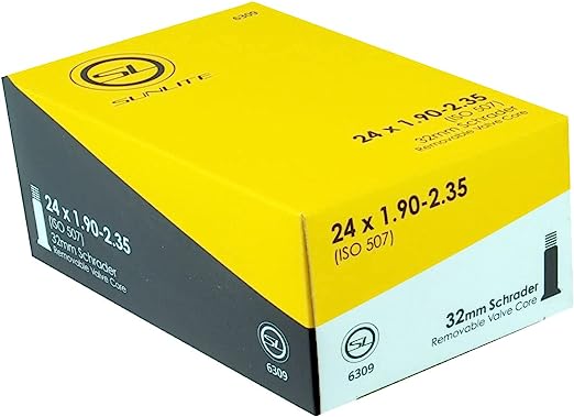 Yellow and black box of Tampa Bay eBikes inner tube, product name Tube - 24x1.90 - 2.35, with dimensions 24 x 1.90-2.35 inches and a 32mm Schrader valve.