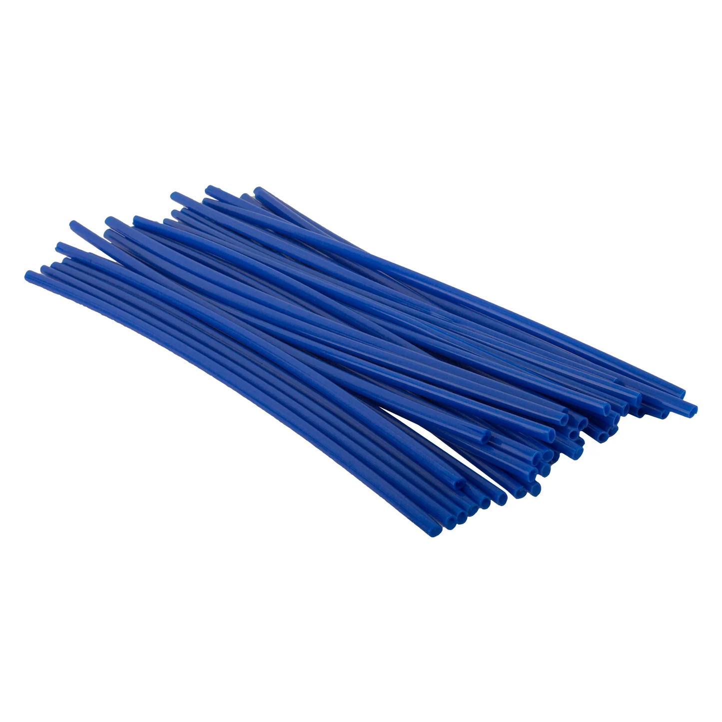 A bundle of blue plastic drinking straws arranged in a pile on a white background looks similar to Black Ops Spoke Covers by Black Ops.