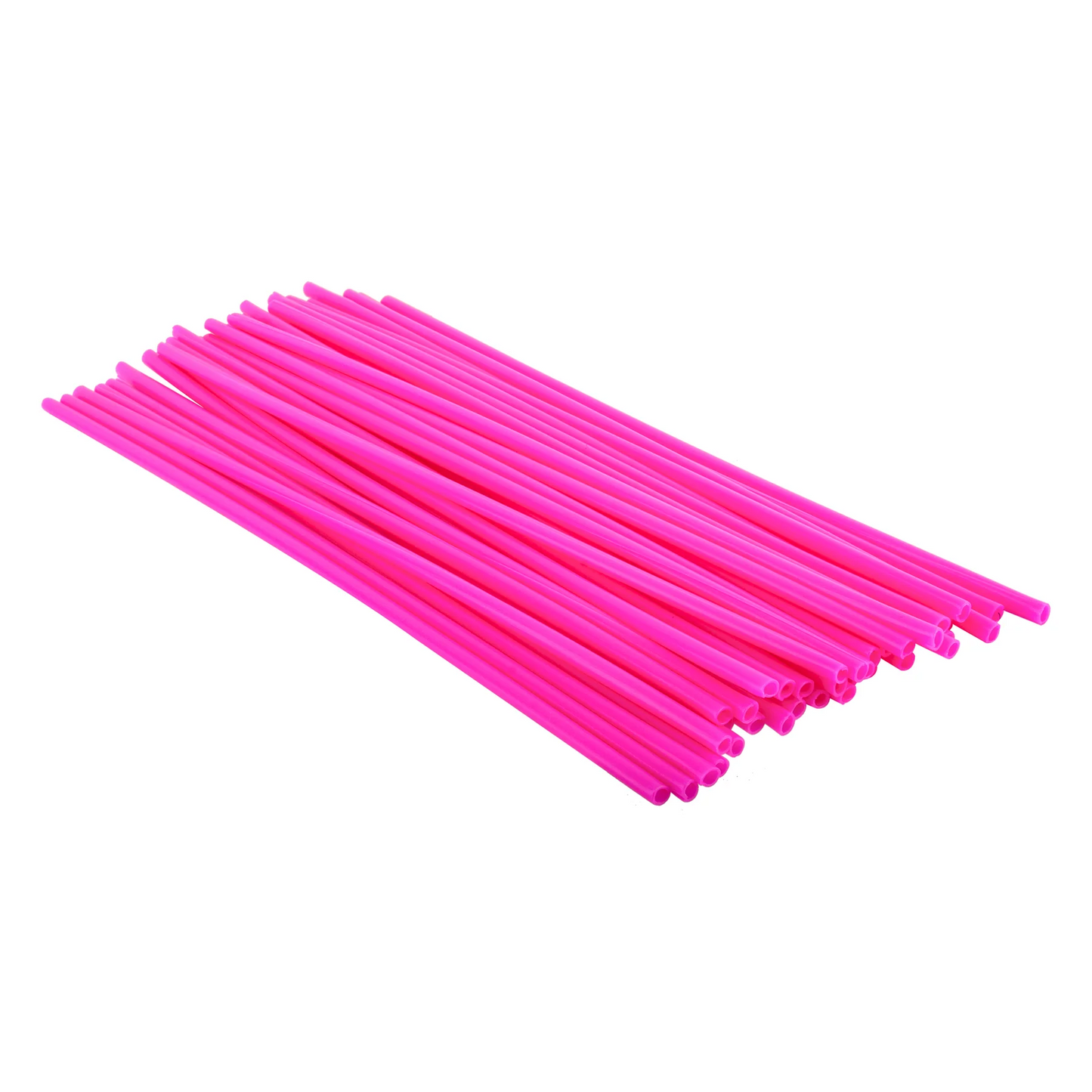 A row of Black Ops Spoke Covers by Black Ops, each 300mm long and bright pink, are arranged on a white background, resembling plastic drinking straws.