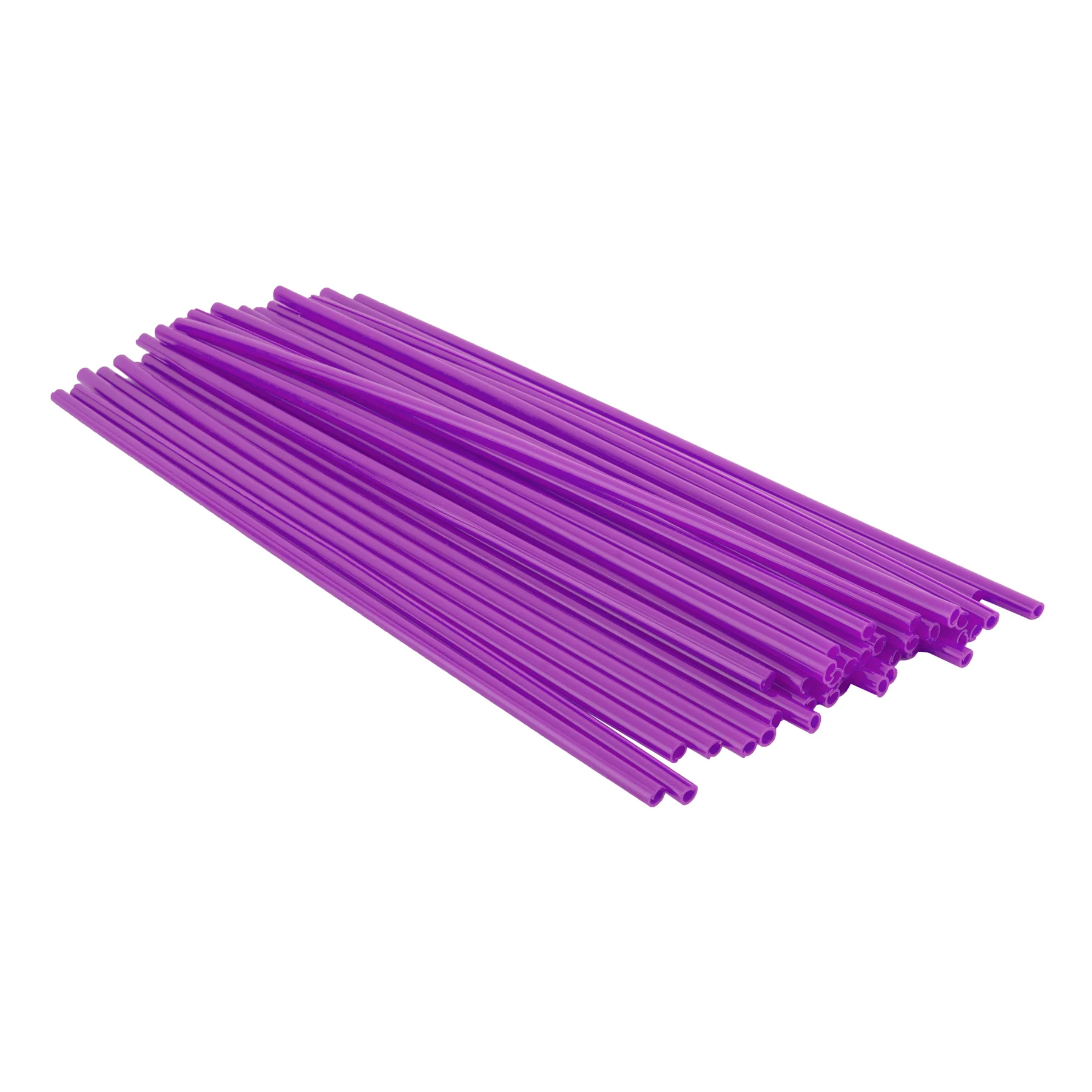 A bundle of Black Ops Spoke Covers by Black Ops, straight and purple, 300mm in length, arranged in a pile on a white background.