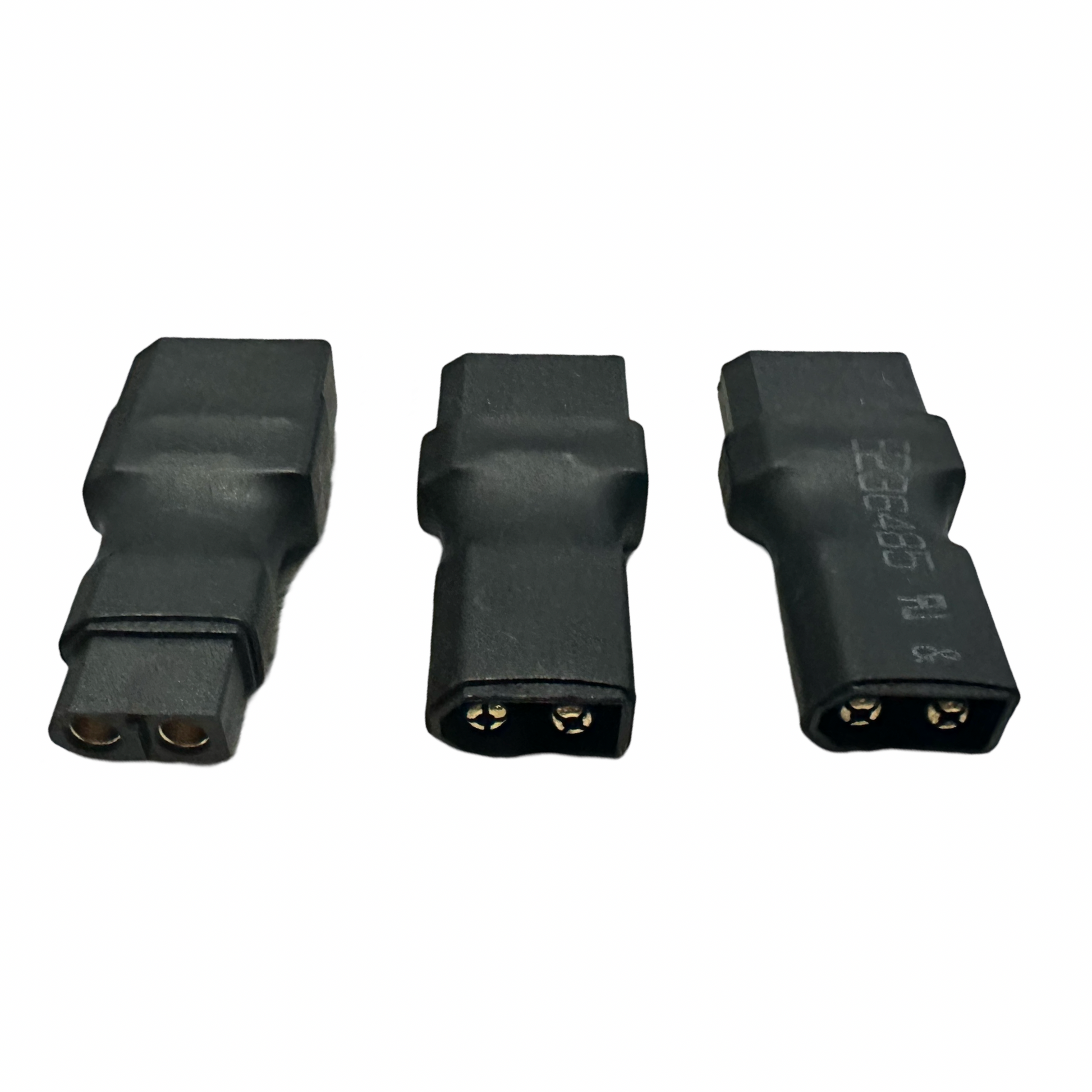 Three ElectricAllWheel 60A Dual Battery Discharge Balancer Kit connectors (12AWG, XT90 with XT90-XT60 adapters M/F) are displayed on a white background, perfect for e-bike range extenders or dual battery setups.