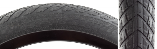 Close-up view of a black bicycle tire from Tampa Bay eBikes labeled "Tire - 10x3" on the sidewall, showcasing a detailed low-rise tread pattern and sized at 10x3 for optimal performance.