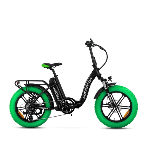 Addmotor - Foldtan M-140 Fat Folding Ebike with green tires on a white background.