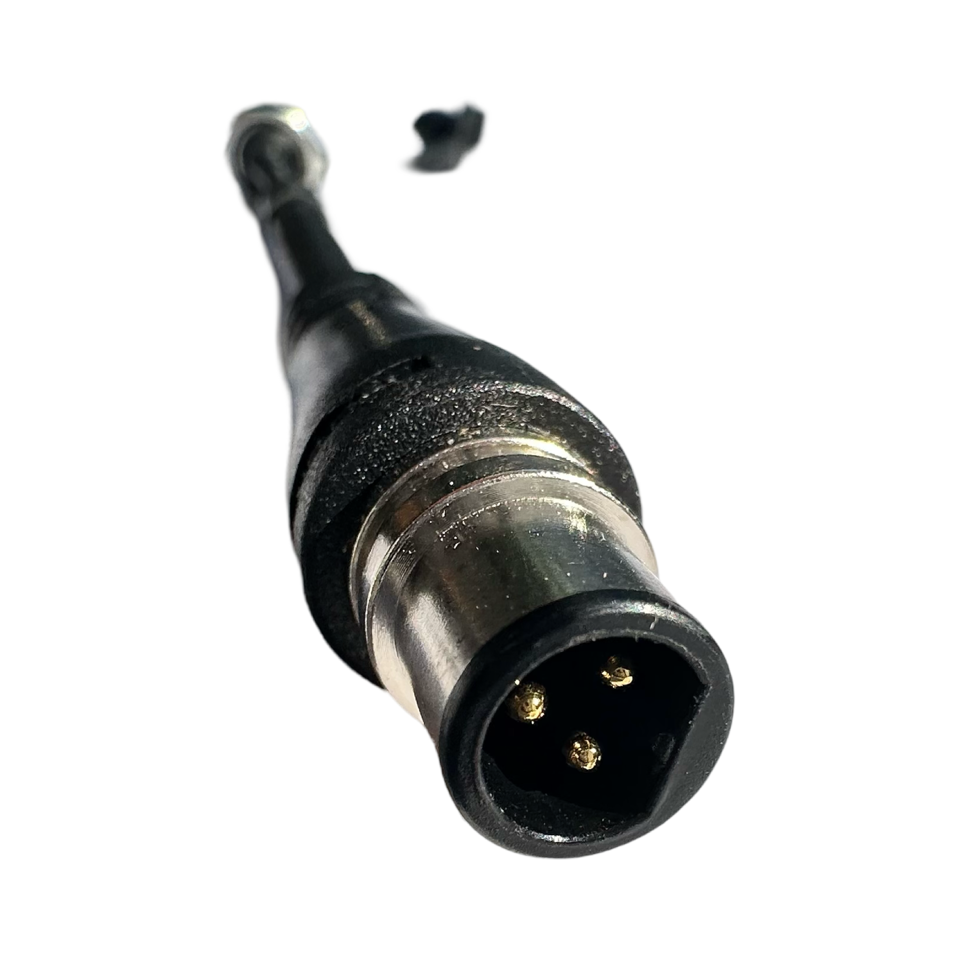 Close-up of a three-pin male XLR audio connector, like those used in the ElectricAllWheel 60V 3A E-Bike Battery Charger (67.2V output) with Reention Mini 3-Pin to DC Adapter, shown isolated on a white background.