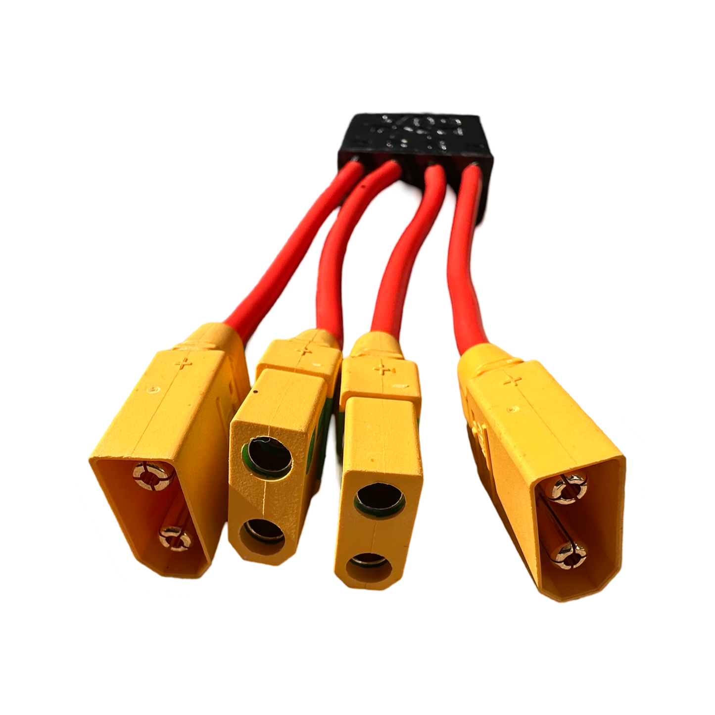 Four yellow XT60 connectors with red wires extend from a black junction block of the ElectricAllWheel DateX2 Dx2 60A (90A MAX) Universal Dual Battery Dual Output Discharge Balancer, isolated on a white background.