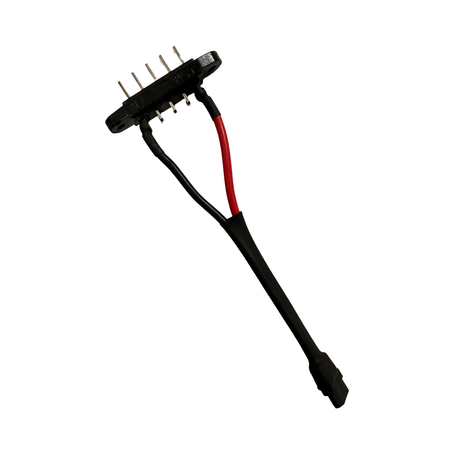 A close-up shows the ElectricAllWheel Factory External Battery XT60 Adapter for Lectric Fit 1.0, 2.0, 3.0, and lite, featuring multiple pins and black and red wires in a plastic casing for e-bike batteries, isolated on white.