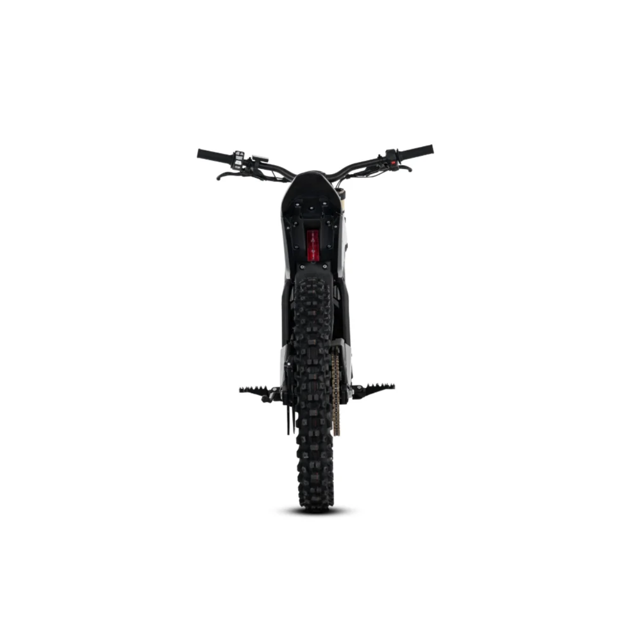 A rear view of the Navee Storm X Pro by Navee, a black electric dirt bike with off-road features like knobby tires, handlebars, and a red tail light, centered on a white background.