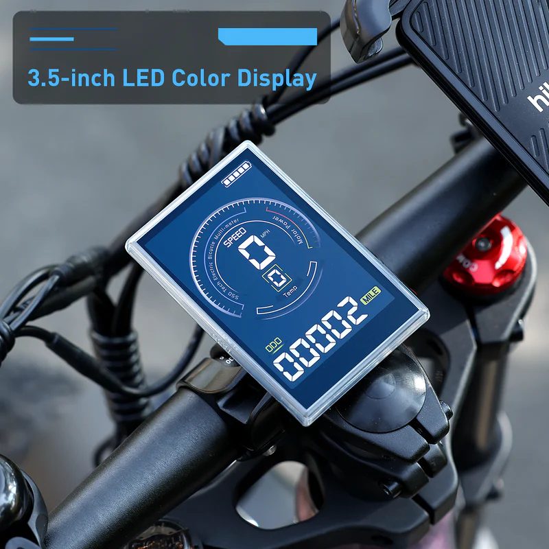 The Hiboy - EX11 electric bike features a 3.5-inch LED color display on the handlebar that digitally shows speed, battery, and distance information.
