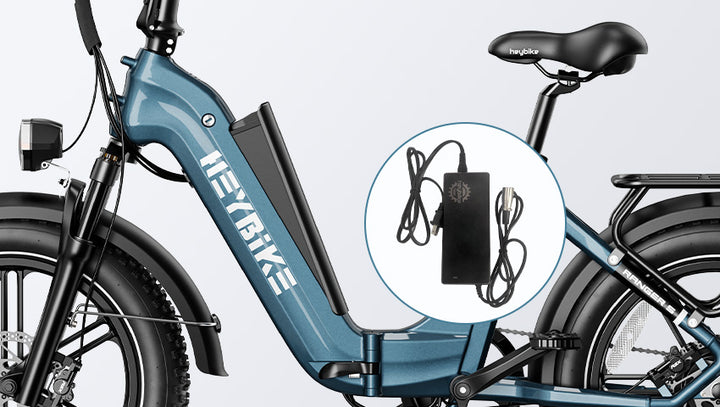 HeyBike- Ranger S folding electric bike with highlighted close-up of its detachable battery and charging cable.