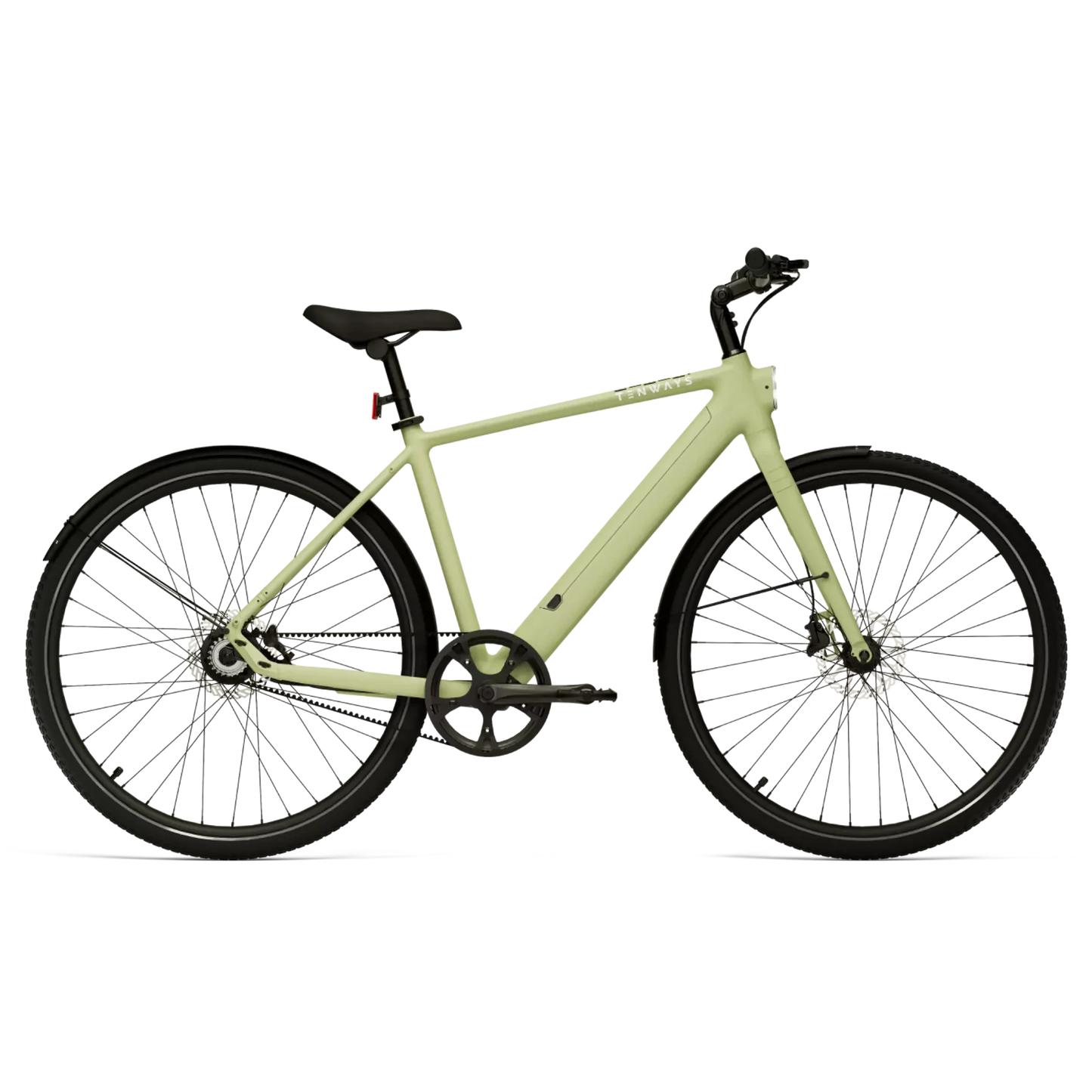 A Tenways CGO600 Pro e-city bike with black wheels against a black background.