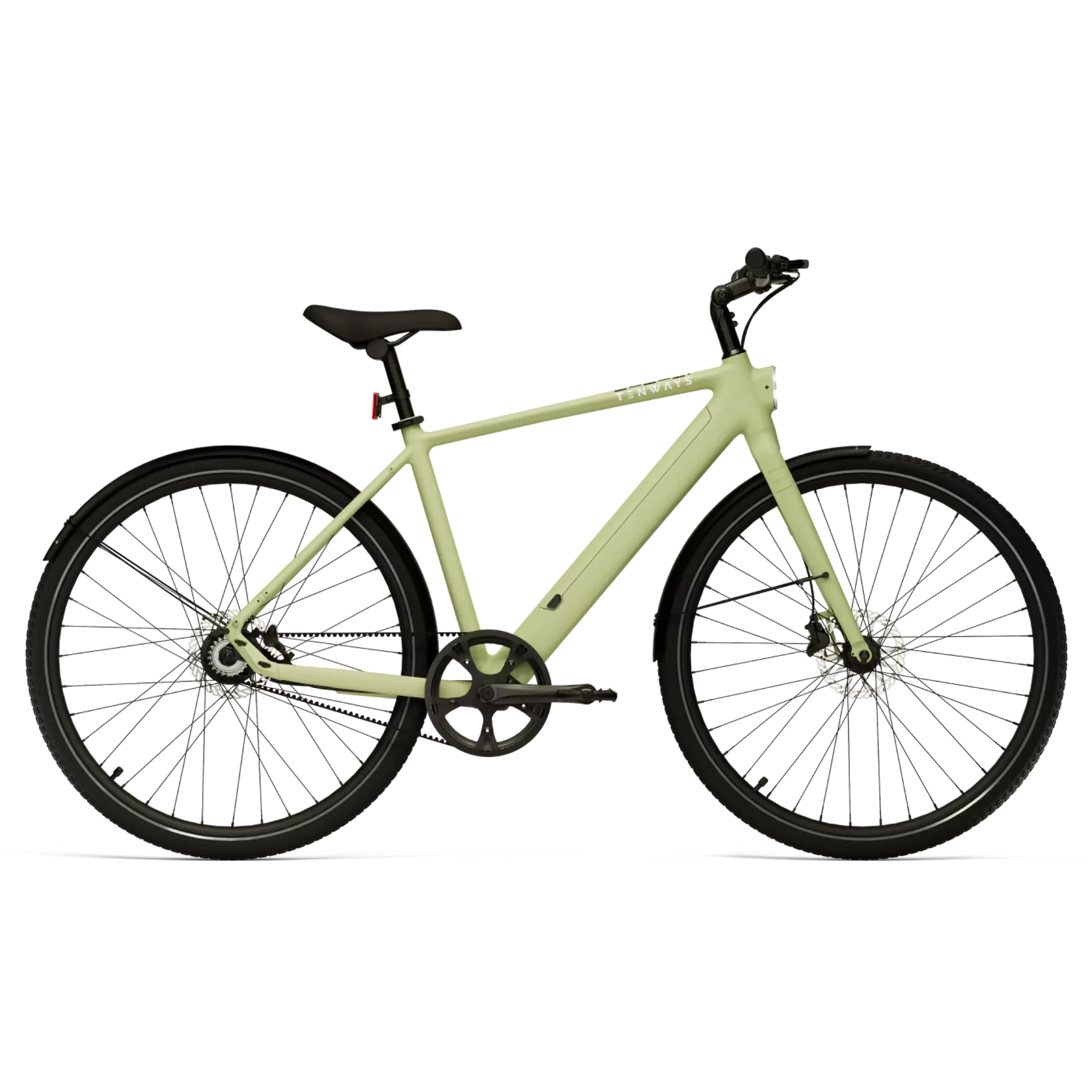 A Tenways CGO600 Pro e-city bike with black wheels against a black background.