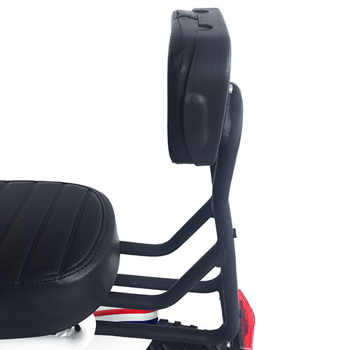 Close-up side view of the Addmotor Backrest and seat with visible support bars, showcasing the sleek design reminiscent of EB 2.0 e-bike models against a white background.