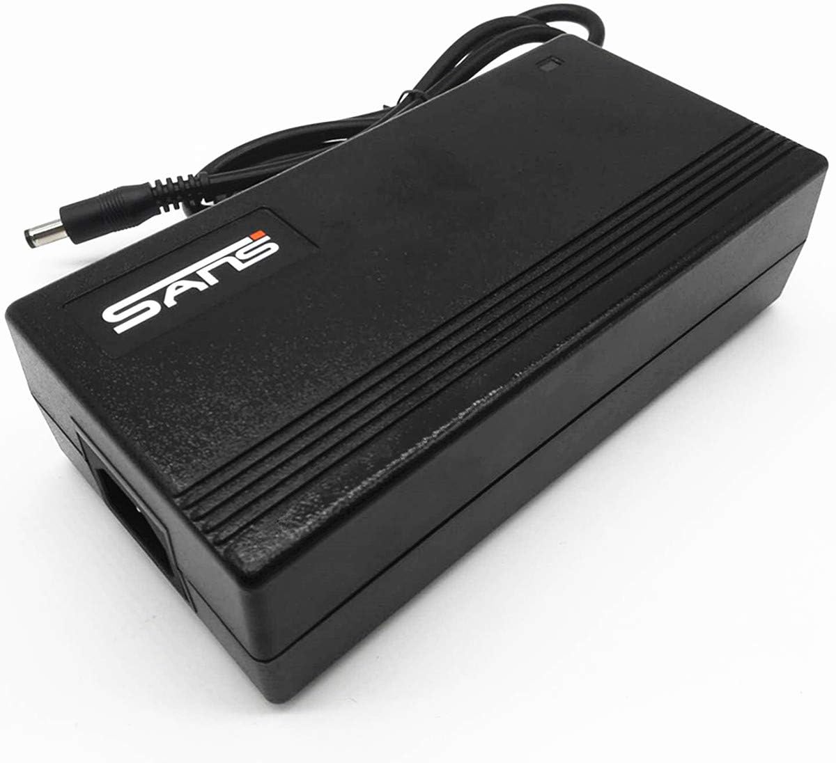 A black SANS power supply with a power cord attached to it, suitable for an electric scooter.