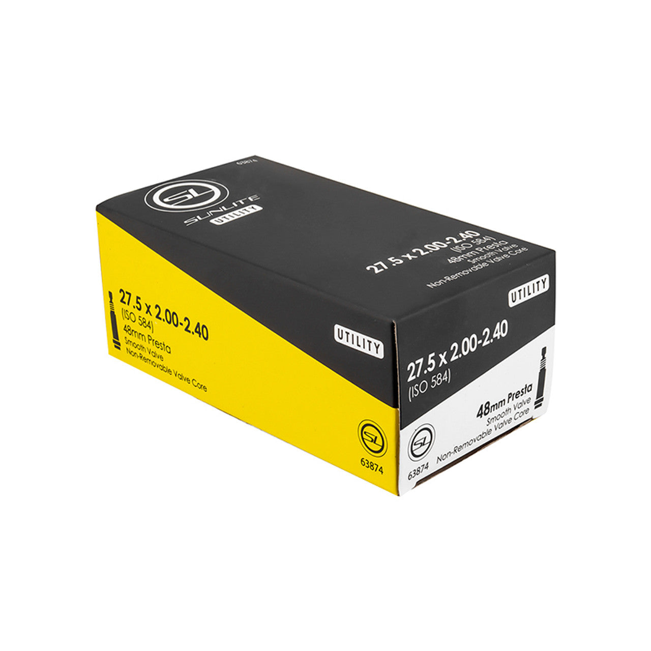 A product box containing a 27.5x2.00-2.40 inch inner tube with a 48mm Presta SV valve and removable core, labeled "Tampa Bay eBikes Tube - 27.5x2 - 2.40". The box is predominantly yellow and black.