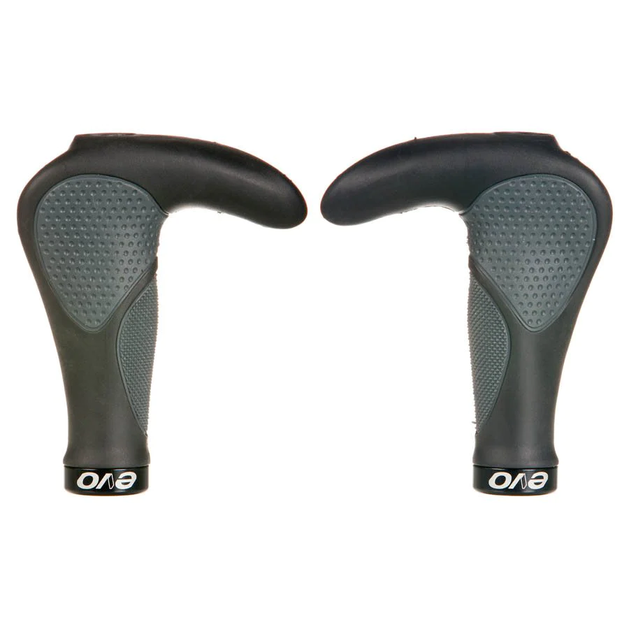 Two black and gray ergonomic EVO Wrest Lock-On 138mm bicycle handlebar grips positioned vertically against a white background.