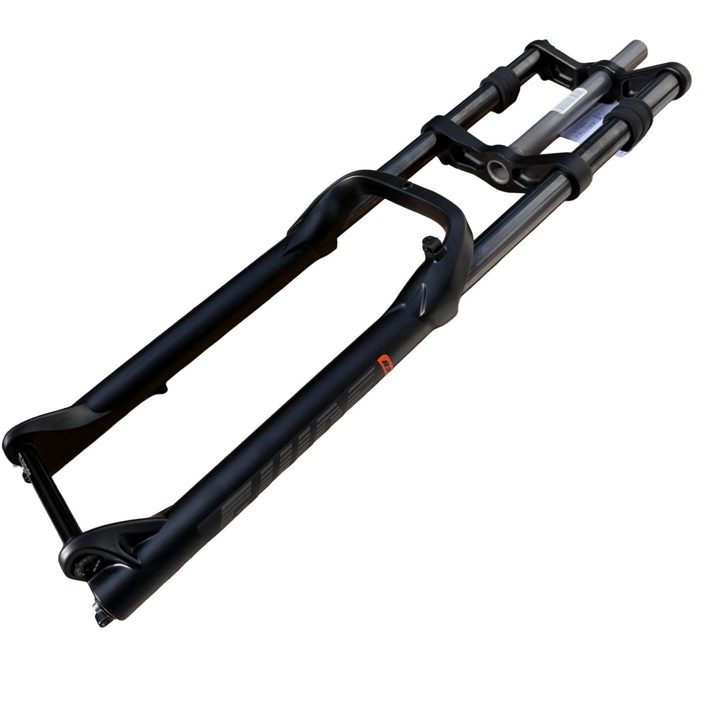 The ElectricAllWheel RST Guide Dual Crown Fork (26” Fat Tire) + Motorcycle Style LED Headlight Kit (12V, 2-pin Julet) features black stanchions and an arch brace—ideal as a front-end upgrade for fat tire e-bikes. Shown on a white background.