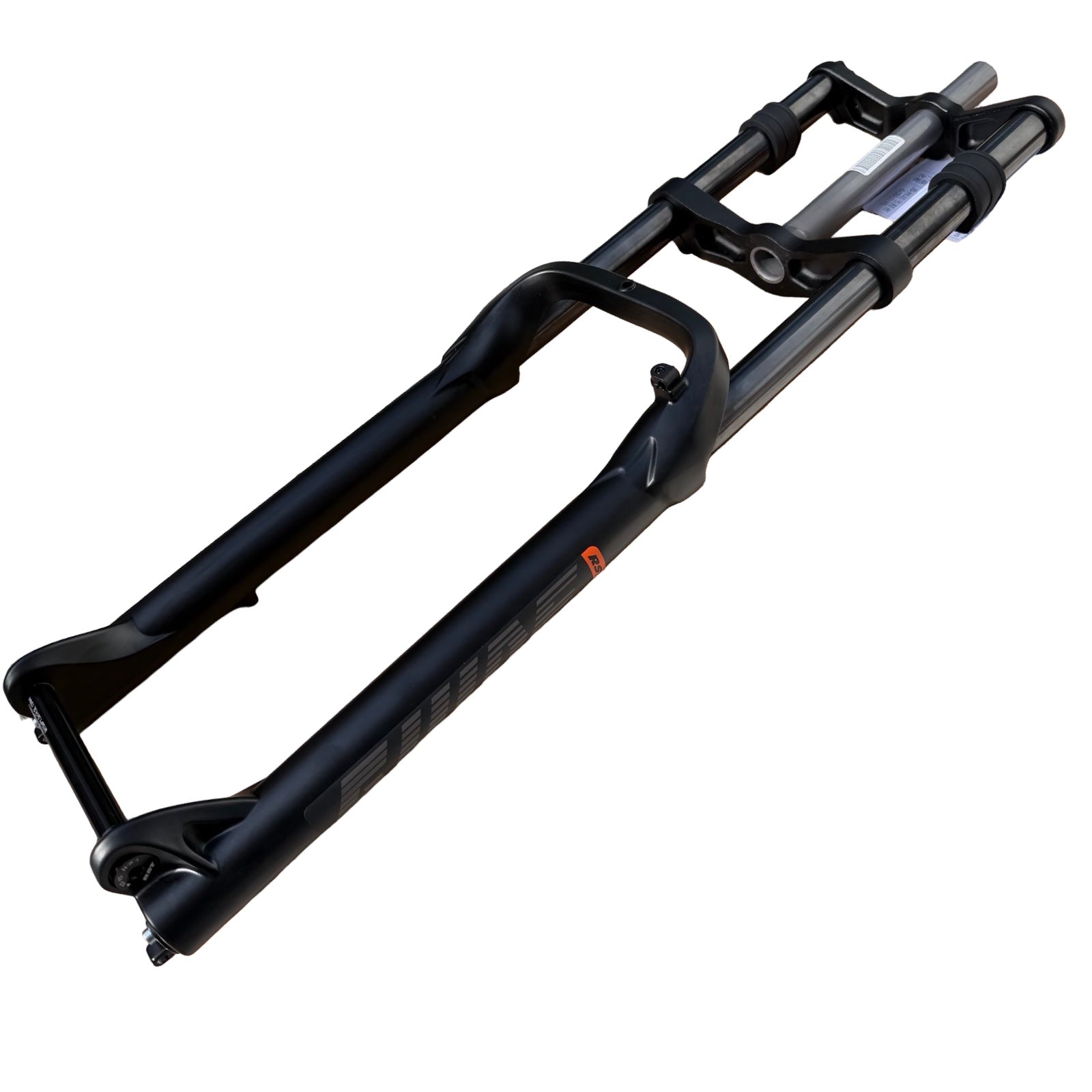 The ElectricAllWheel RST Guide Dual Crown Fork (26” Fat Tire) + Motorcycle Style LED Headlight Kit (12V, 2-pin Julet) features black stanchions and an arch brace—ideal as a front-end upgrade for fat tire e-bikes. Shown on a white background.