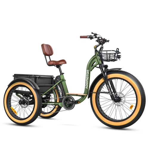 Addmotor's Grandtan Plus II 2024 electric cargo bike with fat tires, a UL Certified Battery, and a rear storage rack.