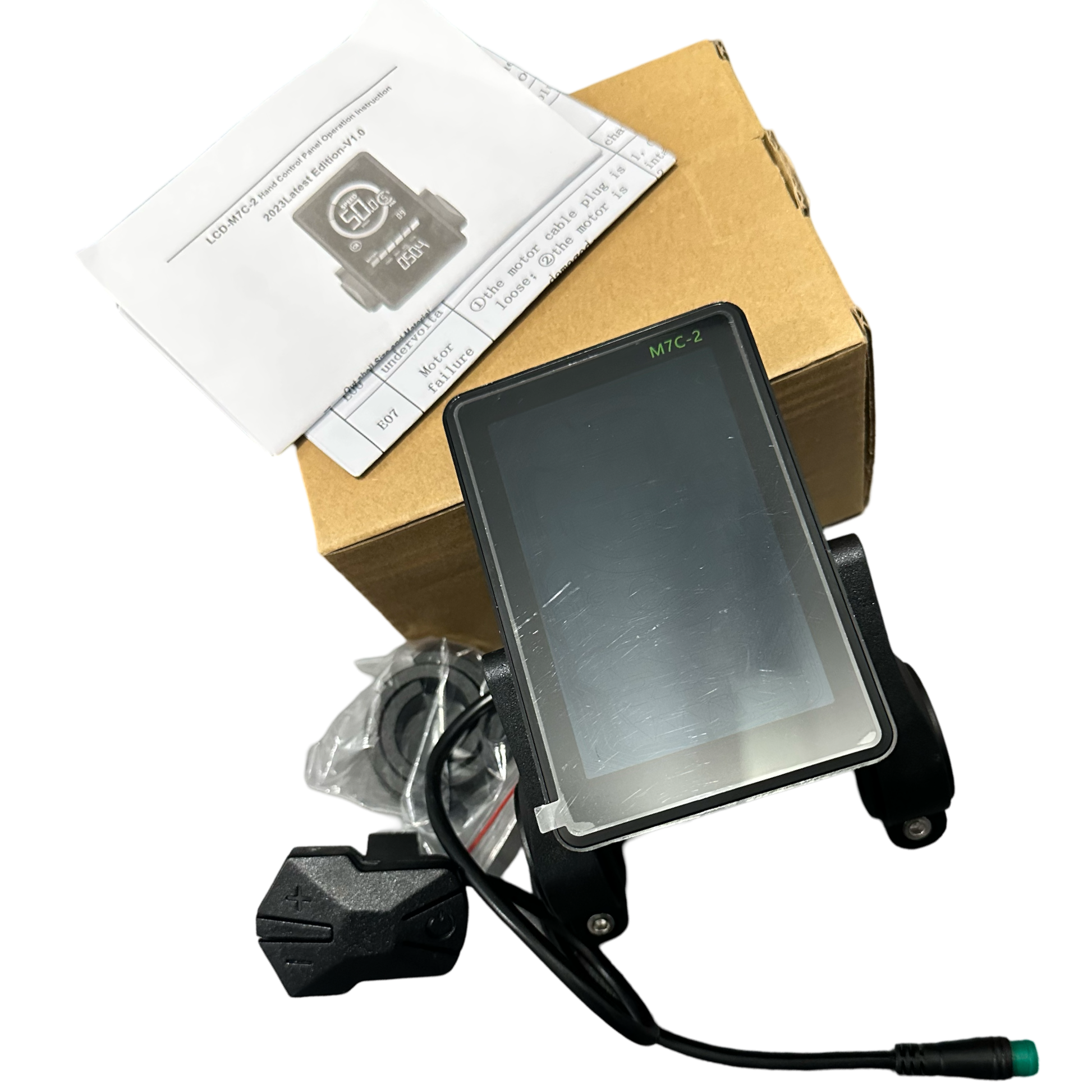 An ElectricAllWheel 3.0 Bundle Package (Lectric XP3.0 Fit) by ElectricAllWheel, including a color display hand control panel with cables and accessories, is displayed in front of a cardboard box and instruction manual.