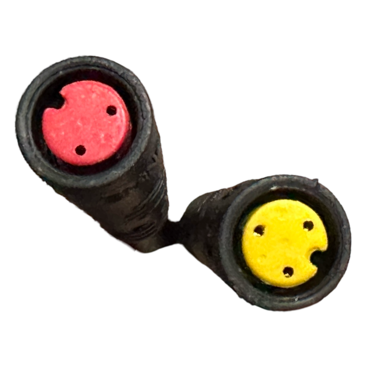 Close-up of two electrical connectors, one red and one yellow, each with multiple holes—compatible with the ElectricAllWheel Replacement Controller (Throttle Unlocked) for Lectric XP3.0—shown against a white background.