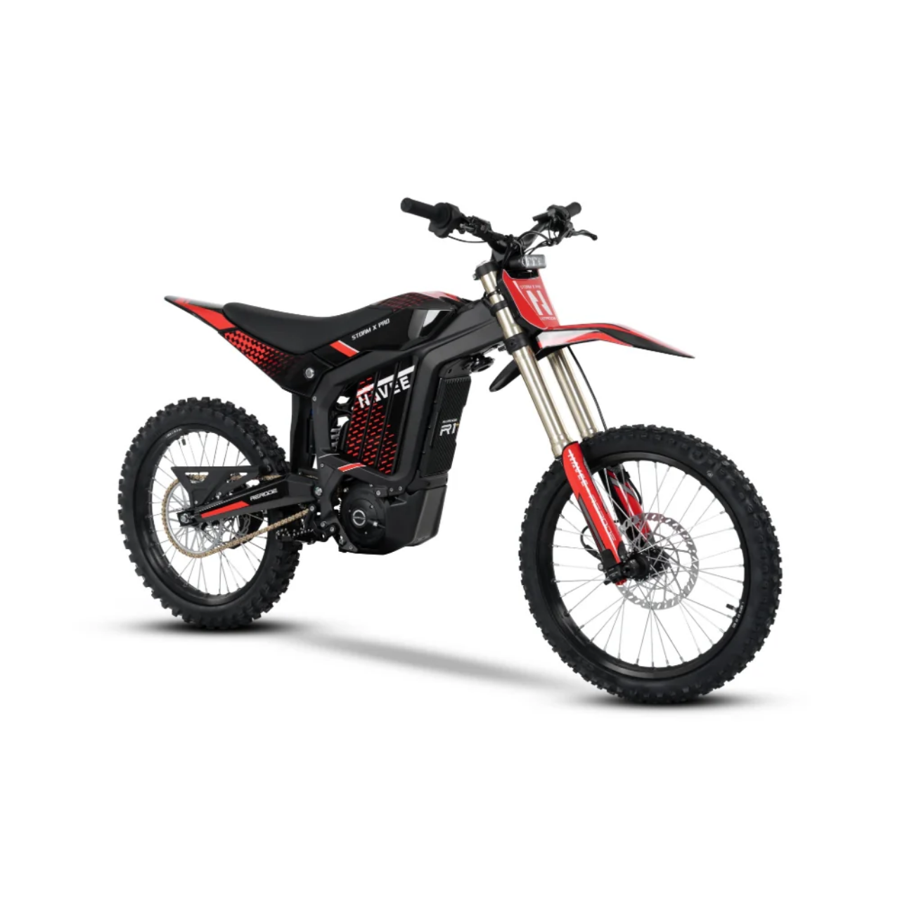 The Navee Storm X Pro by Navee is a red and black electric dirt bike featuring a powerful 17KW mid-drive motor, off-road tires, front and rear suspension, and an angular frame, shown from the front right angle.
