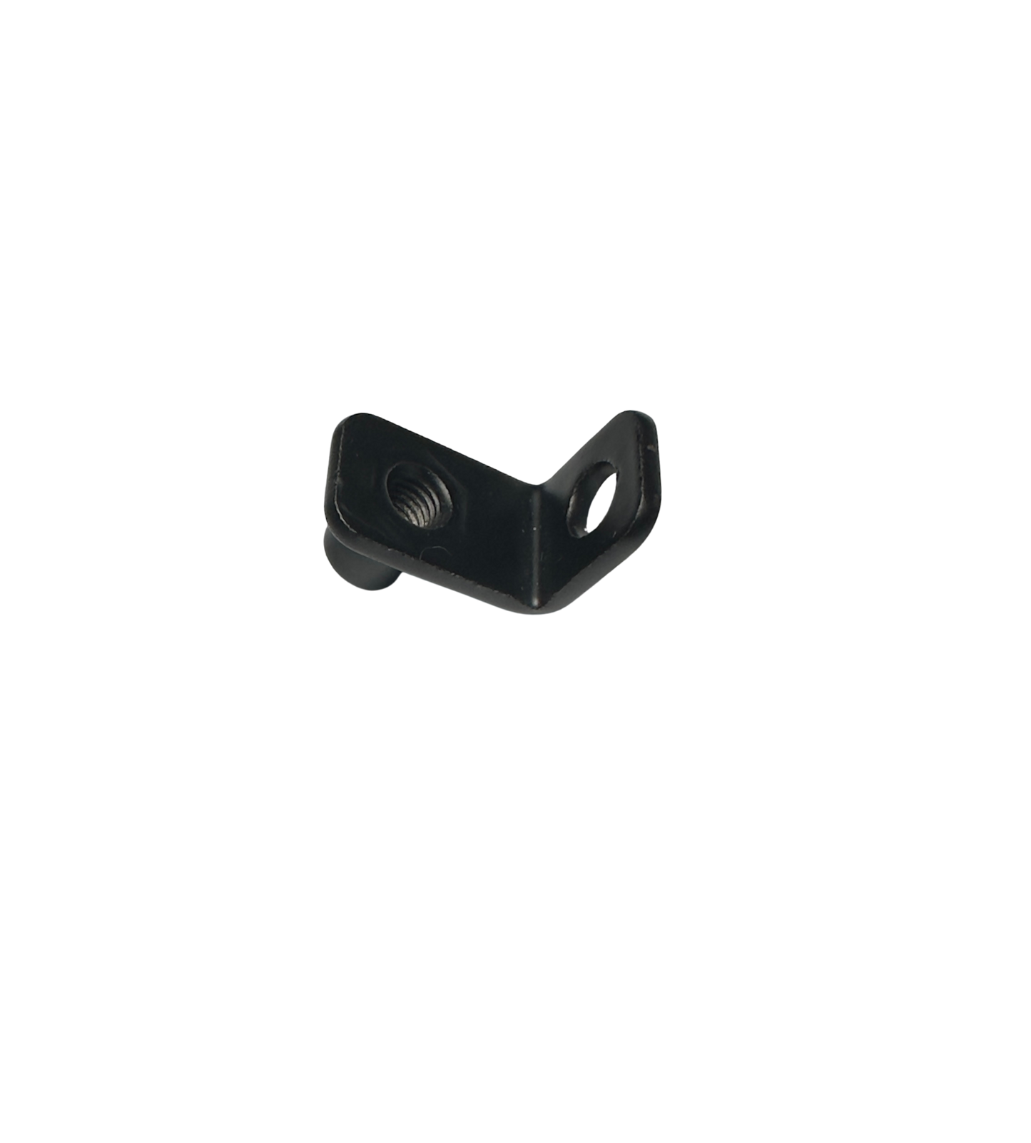 The Tampa Bay eBikes Universal 90° Front Fork Fender Bracket is a small, black, L-shaped e-bike mount with one threaded and one unthreaded hole, shown on a plain white background.
