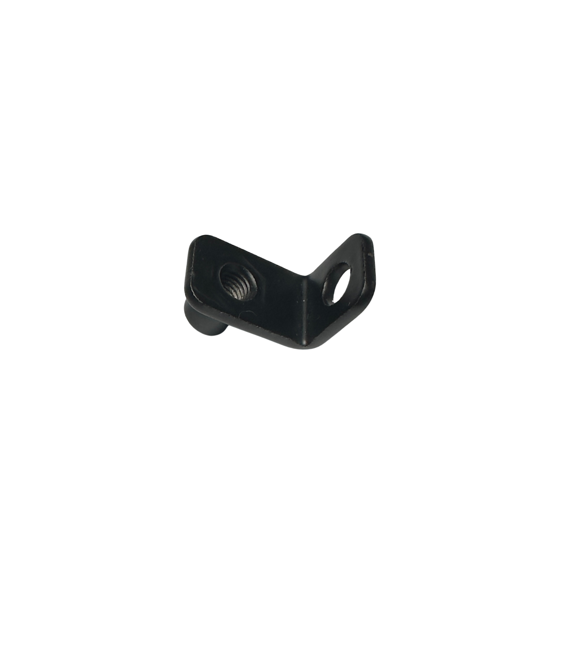 The Tampa Bay eBikes Universal 90° Front Fork Fender Bracket is a small, black, L-shaped e-bike mount with one threaded and one unthreaded hole, shown on a plain white background.