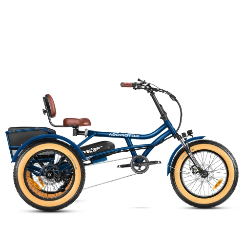 Three-wheeled electric Addmotor Arisetan II M-360 Mini Semi-Recumbent Trike with a blue frame and brown seats, displayed against a white background.