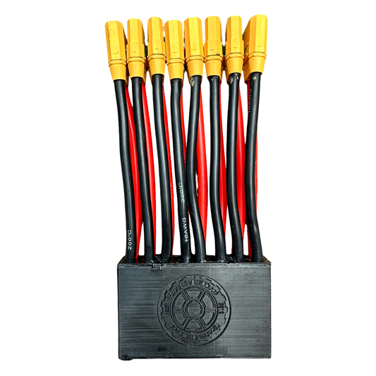 The ElectricAllWheel DateX2 Dx4 60A (90A Max) Universal Four Battery Input Four Output Discharge Balancer features eight red and black wire pairs with XT90 connectors, arranged vertically against a white background.