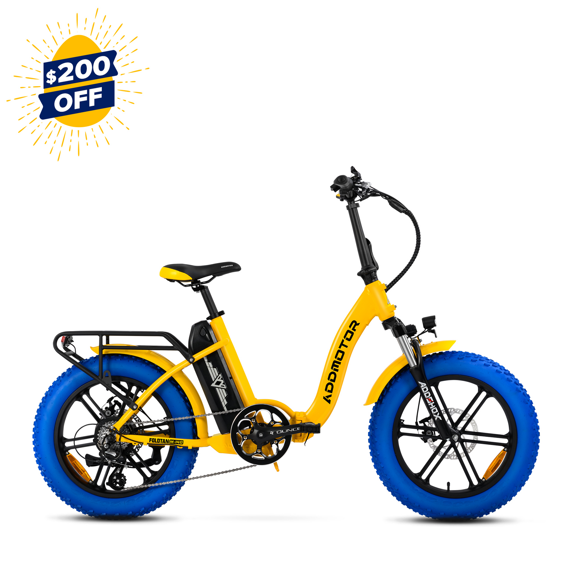 Yellow and black Addmotor - Foldtan M-140 electric bike with thick blue tires on a white background, featuring a $200 off discount badge.