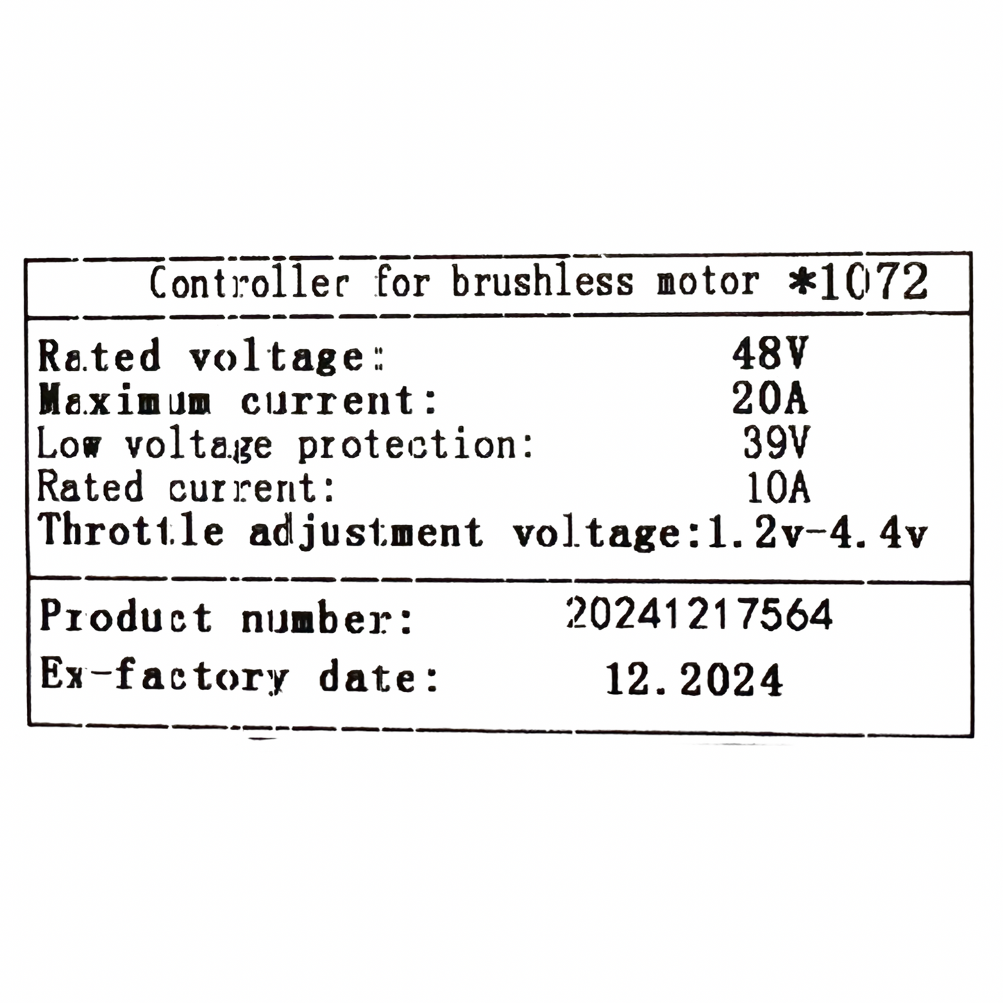 Label for ElectricAllWheel Replacement Controller (Throttle Unlocked) for Lectric XP3.0: 48V rated, max 20A, rated 10A, low volt protect 39V, throttle 1.2-4.4V. Product no./date: _____________.