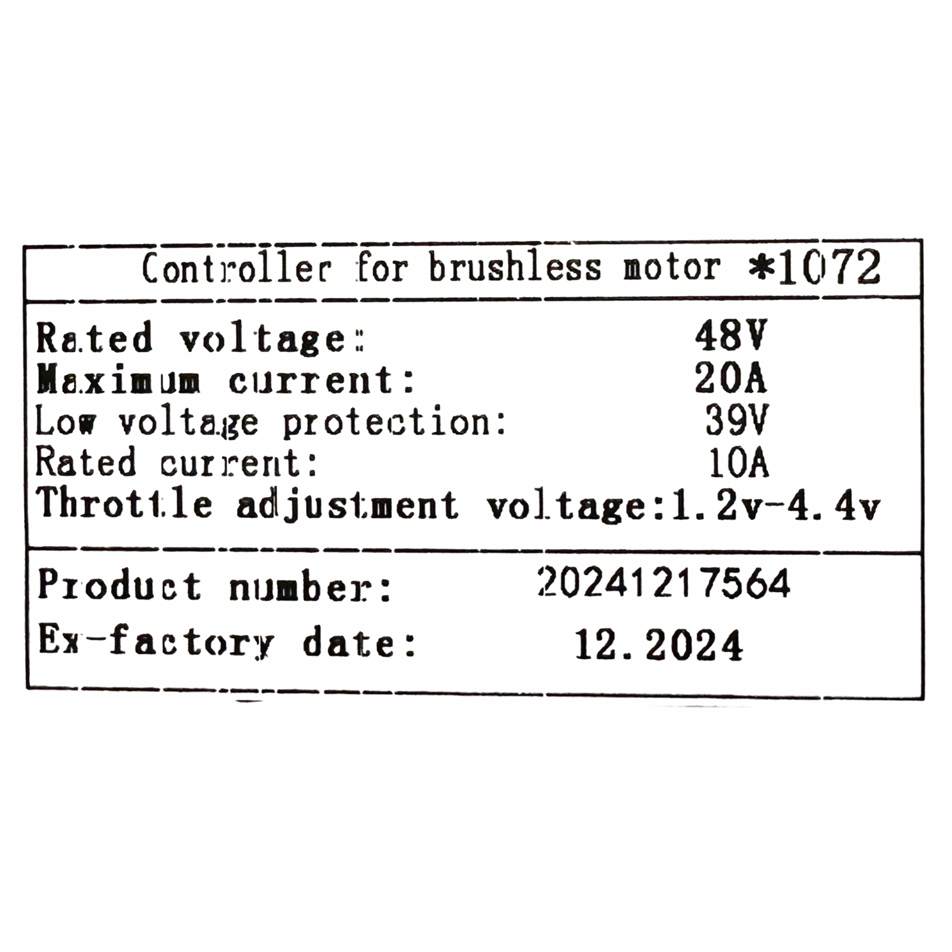 Label for ElectricAllWheel Replacement Controller (Throttle Unlocked) for Lectric XP3.0: 48V rated, max 20A, rated 10A, low volt protect 39V, throttle 1.2-4.4V. Product no./date: _____________.