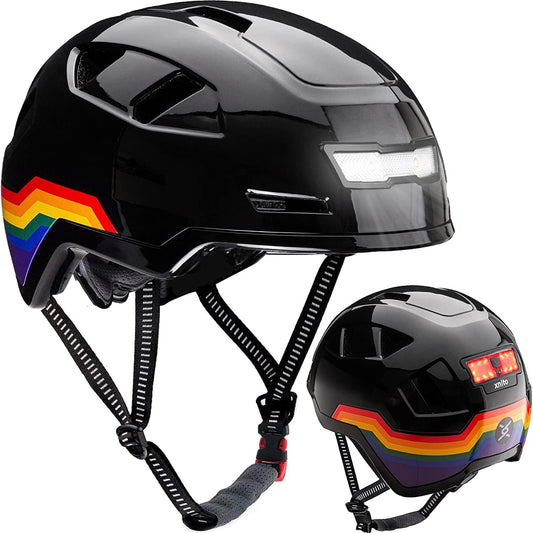 A XNITO e-bike helmet with a rainbow stripe on it, ensuring visibility and meeting safety standards.