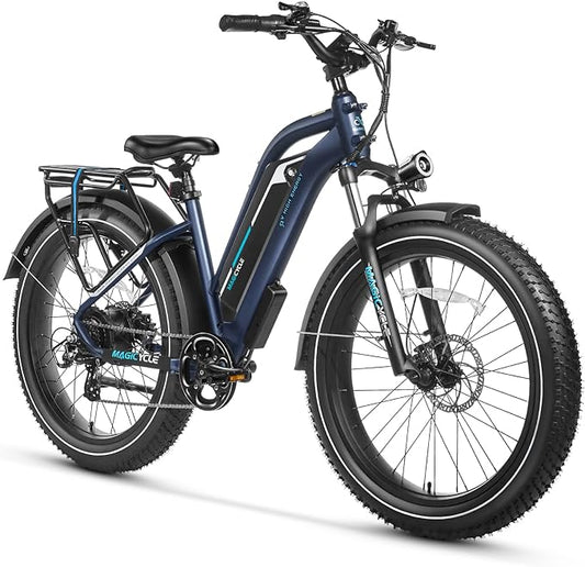 A powerful blue electric bike, the Magicycle Cruiser Pro Mid Step-Thru Electric Mountain Bike, stands out on a pristine white background.