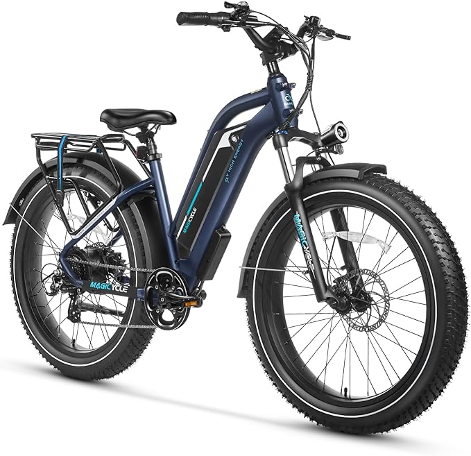 The Magicycle - Cruiser Pro Step-Thru electric fat tire bike boasts a dark blue frame, black seat, and handlebar. It features powerful hub motor technology, 26" puncture-resistant fat tires, a rear cargo rack, a mounted battery on the frame, and front and rear lights.