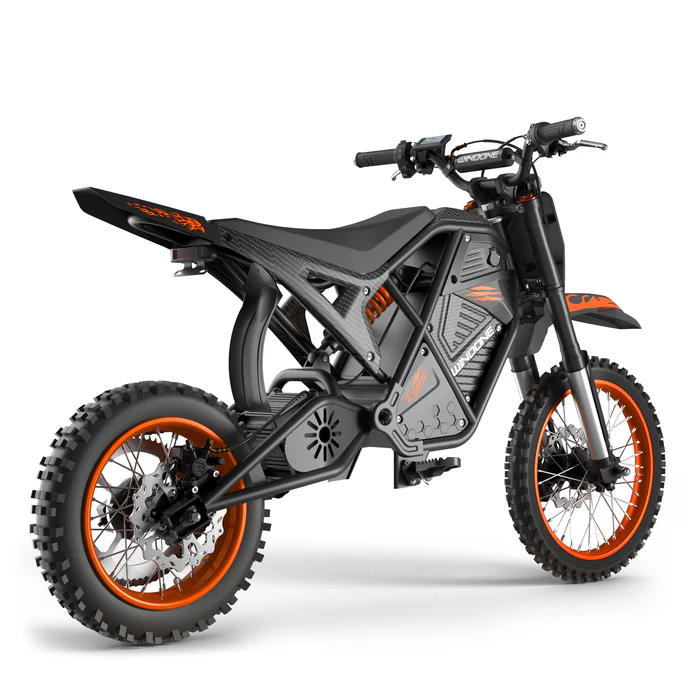 The Tampa Bay eBikes Windone RM7 is a black and orange off-road electric bike featuring knobby tires and a modern, angular frame, shown from a rear side angle.