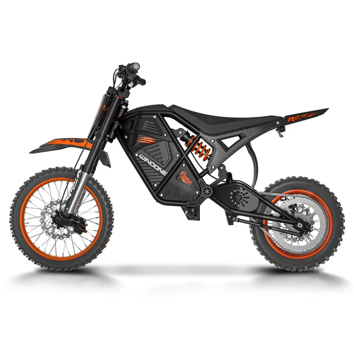 Side view of the Tampa Bay eBikes Windone RM7, a black and orange 2200W electric dirt bike with knobby tires, exposed frame, and minimal bodywork, photographed on a white background.