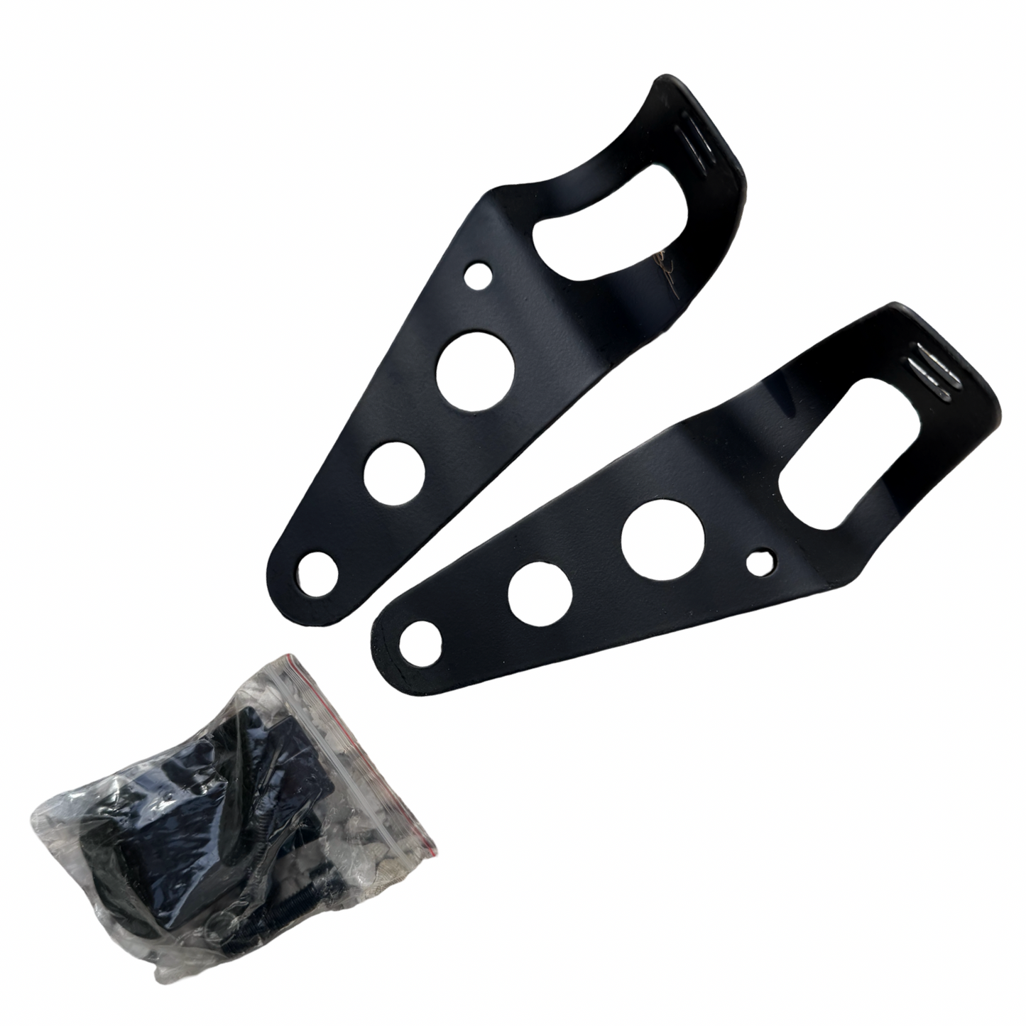 The ElectricAllWheel RST Guide Dual Crown Fork (26” Fat Tire) + Motorcycle Style LED Headlight Kit (12V, 2-pin Julet) includes two black metal mounting brackets and a bag of screws, ideal for fat tire e-bike upgrades, shown on a white background.
