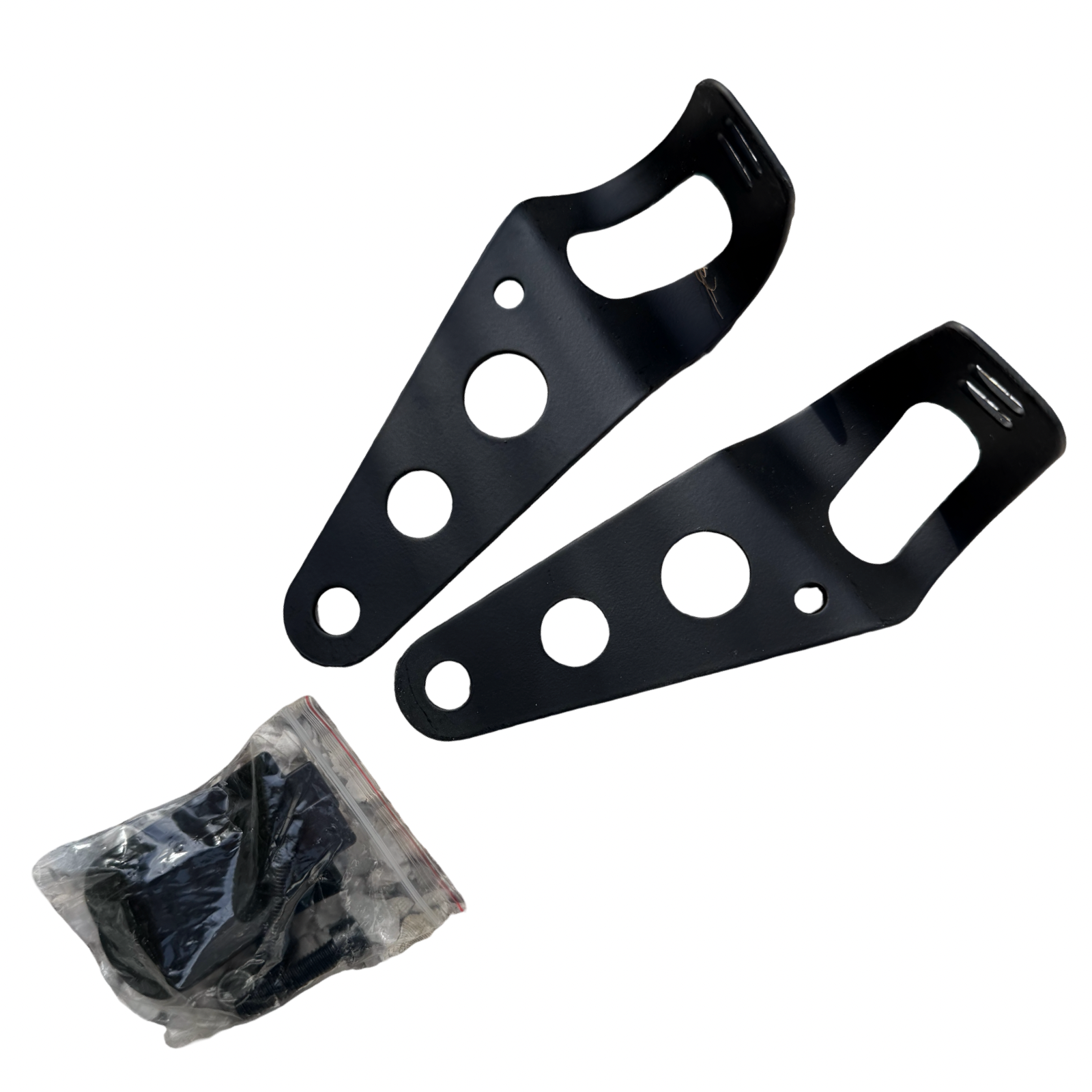 The ElectricAllWheel RST Guide Dual Crown Fork (26” Fat Tire) + Motorcycle Style LED Headlight Kit (12V, 2-pin Julet) includes two black metal mounting brackets and a bag of screws, ideal for fat tire e-bike upgrades, shown on a white background.